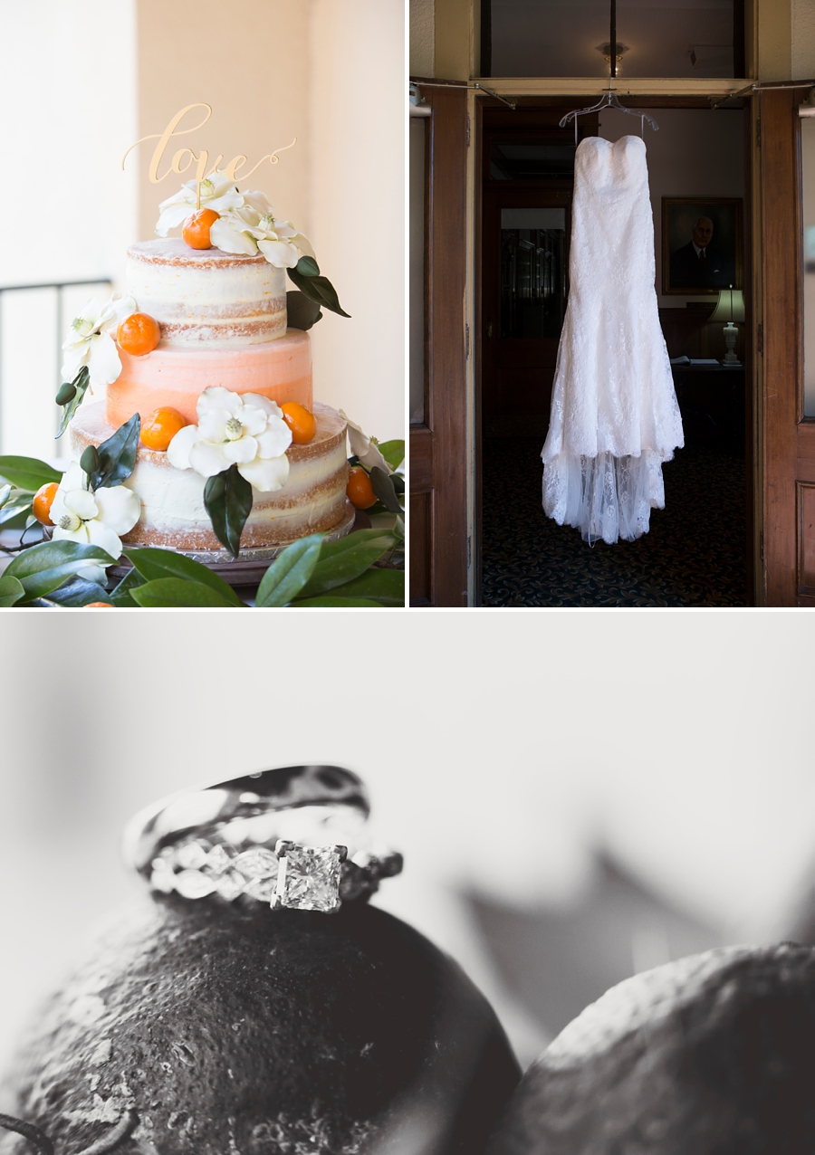 wedding cake, dress and rings