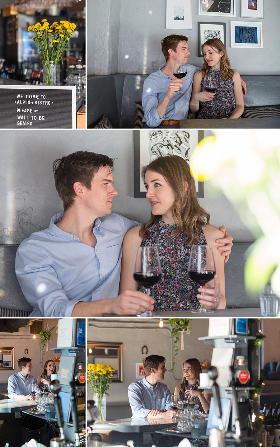 engaged couple drinking wine