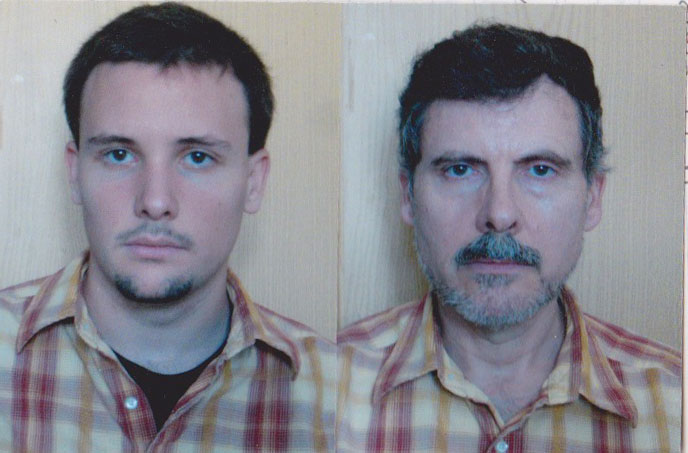 portraits of father and son wearing same shirt