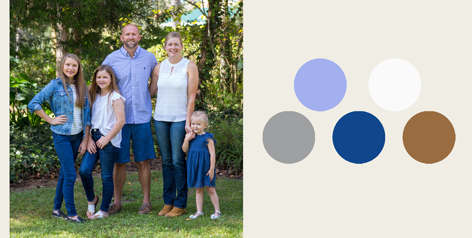 blue, white and camel color palette for family portrait