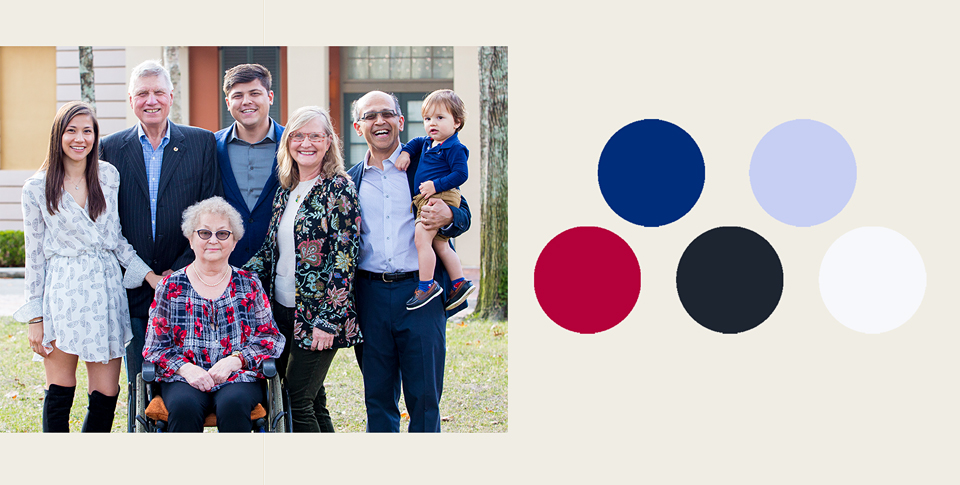 red and blue color scheme for family portrait